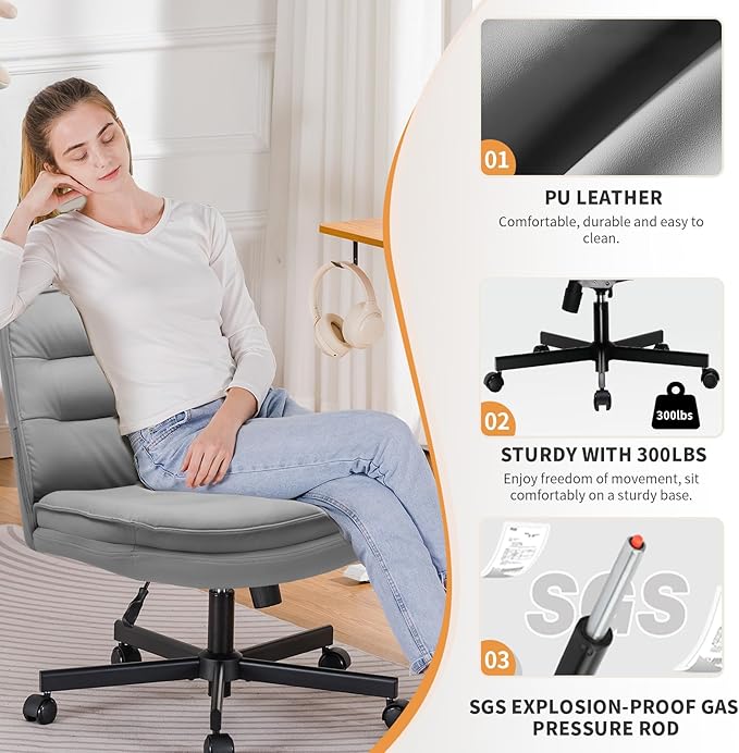 COMHOMA Criss Cross Chair with Wheels, Armless Wide Cross Legged Office Chair Mid Back, Modern Home Office Desk Chair Swivel Adjustable Vanity Computer Chair, Gray - LeafyLoom