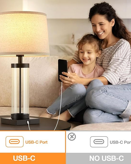 Nightstand Table Lamps for Bedrooms Set of 2 - 3 Way Dimmable Touch Bedside Lamps with USB C+A & Outlets, Black Living Room Lamps with Glass Body for End Tables, Modern Night Stand Lamps for Bedside - LeafyLoom