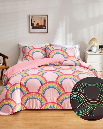 Feelyou Rainbow Glow in The Dark Comforter Set for Girls Kids Full Pink Rainbow Bedding Set Super Soft Colorful Stripe Mermaid Scales Comforter Baby Girl Bedroom Pink Decor Bedding Quilted Duvet - LeafyLoom