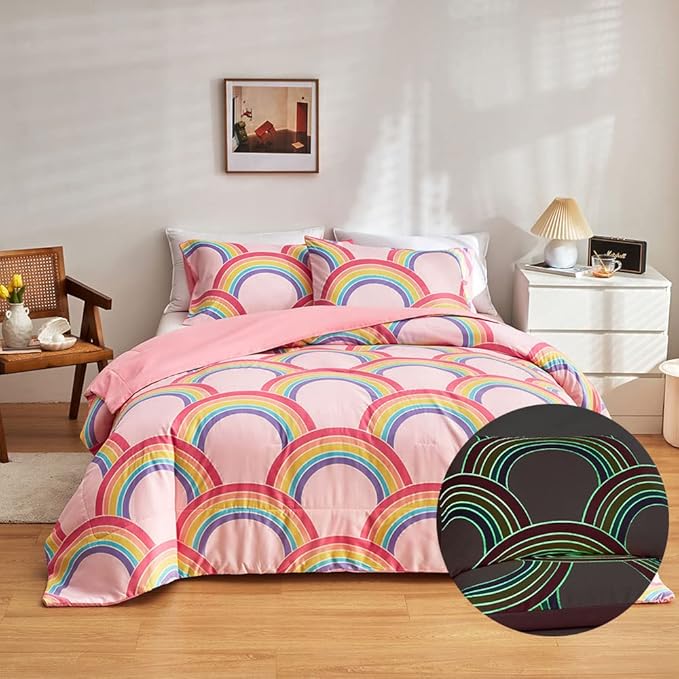 Feelyou Rainbow Glow in The Dark Comforter Set for Girls Kids Full Pink Rainbow Bedding Set Super Soft Colorful Stripe Mermaid Scales Comforter Baby Girl Bedroom Pink Decor Bedding Quilted Duvet - LeafyLoom