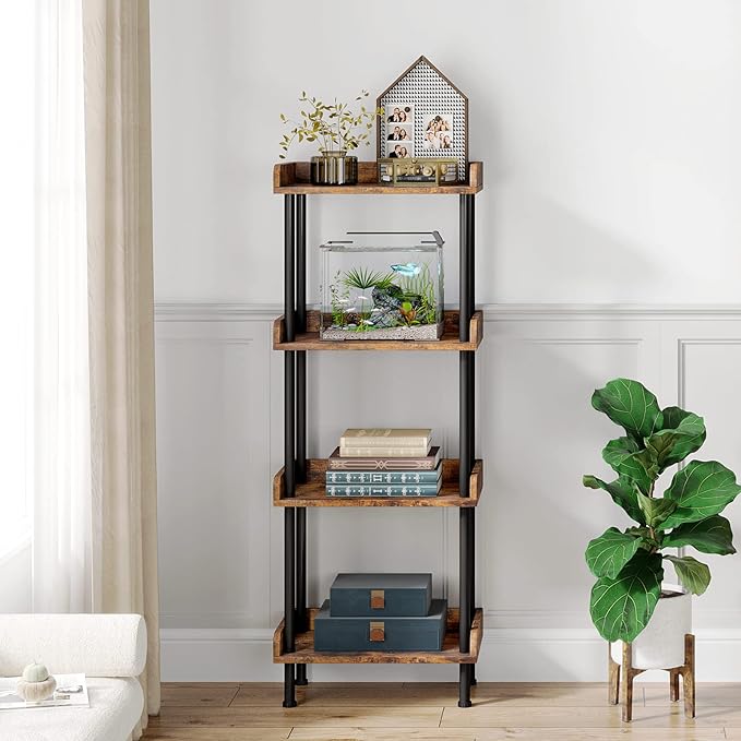 Bookcase 4 Tier Bookshelf, Vintage Small Bookshelf for Small Spaces, Wooden Book Shelf Small Bookcase for Living Room Bedroom - LeafyLoom