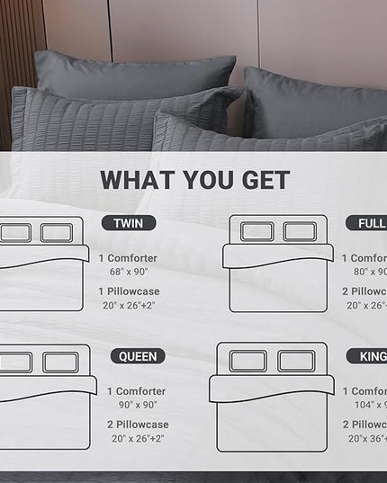 HYMOKEGE Seersucker Twin Comforter Set 3 Pieces, Lightweight Comforter Sets for Bedding, Bed Set with 1 All Season Soft Down Alternative Comforter and 2 Pillow Shams, Dark Grey - LeafyLoom