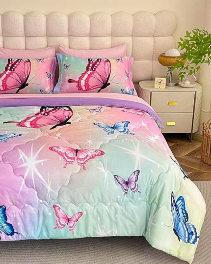 Girls Butterfly Comforter Set Bed in A Bag Full Size 7 Piece 3D Purple Bedding Comforter Bed Set with Pillow Shams, Flat Sheet, Fitted Sheet, Pillowcases All Season - LeafyLoom