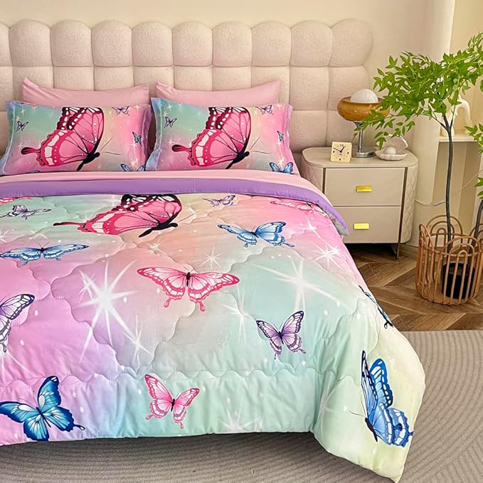 Girls Butterfly Comforter Set Bed in A Bag Full Size 7 Piece 3D Purple Bedding Comforter Bed Set with Pillow Shams, Flat Sheet, Fitted Sheet, Pillowcases All Season - LeafyLoom