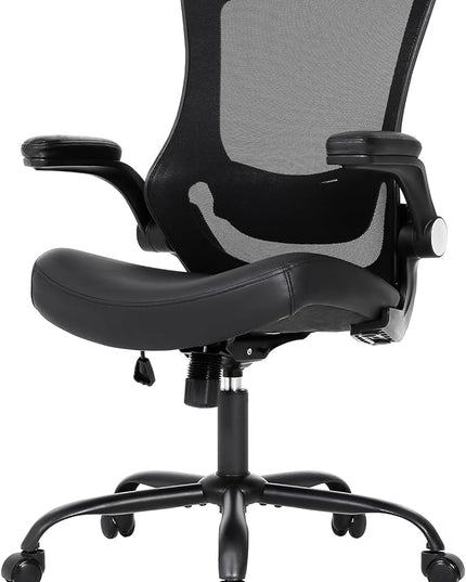 T29 Ergonomic Office Chair, Comfy Computer Desk Chair, Mesh Back Home Office Chair with PU Leather Padded, Adjustable Lumbar Support, Flip-up Arms,Swivel Wheels,Work Task Chair for Long Hours - LeafyLoom