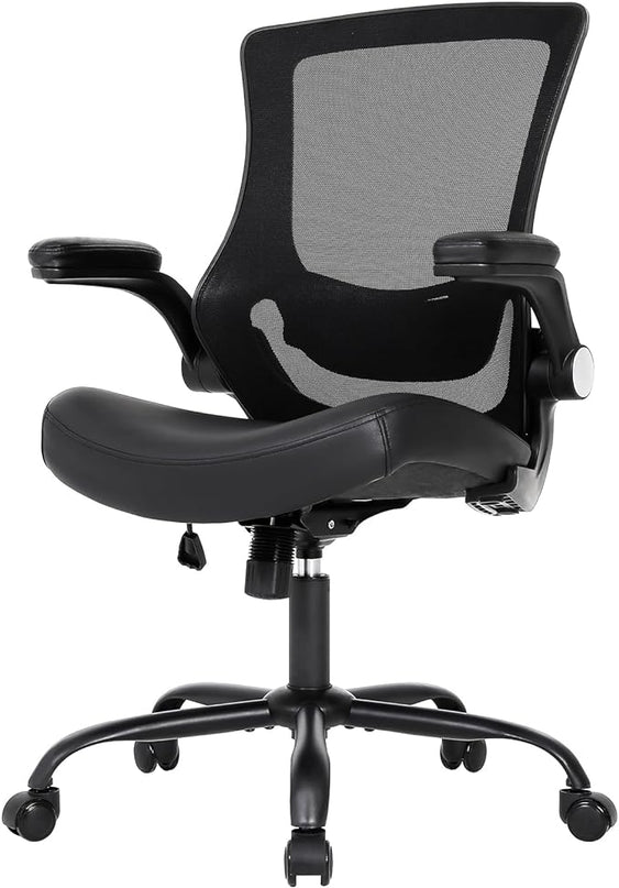 T29 Ergonomic Office Chair, Comfy Computer Desk Chair, Mesh Back Home Office Chair with PU Leather Padded, Adjustable Lumbar Support, Flip-up Arms,Swivel Wheels,Work Task Chair for Long Hours - LeafyLoom
