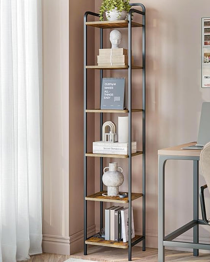 Bookcase Bookshelf, Narrow Book Shelf, Industrial Coner Shelf Storage Organizer, Slim Shelving Unit for Home Office, Living Room, Bedroom, Kitchen, 6-Tier Rustic Brown BC24601B - LeafyLoom