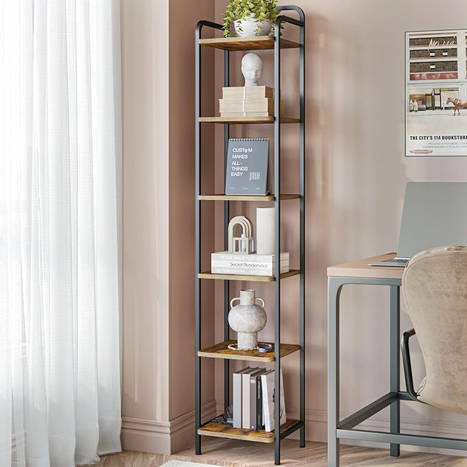 Bookcase Bookshelf, Narrow Book Shelf, Industrial Coner Shelf Storage Organizer, Slim Shelving Unit for Home Office, Living Room, Bedroom, Kitchen, 6-Tier Rustic Brown BC24601B - LeafyLoom