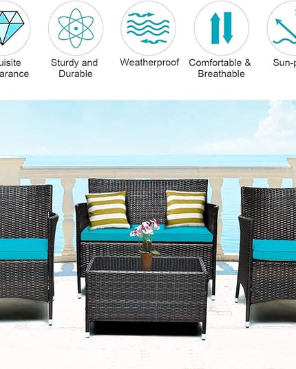 LUARANE 4-Piece Rattan Patio Furniture Set, Outdoor Wicker Sofa Couch Table Set, w/Thick Seat Cushions Tempered Glass Coffee Table, Conversation Set for Lawn Garden Poolside Backyard (Turquoise) - LeafyLoom
