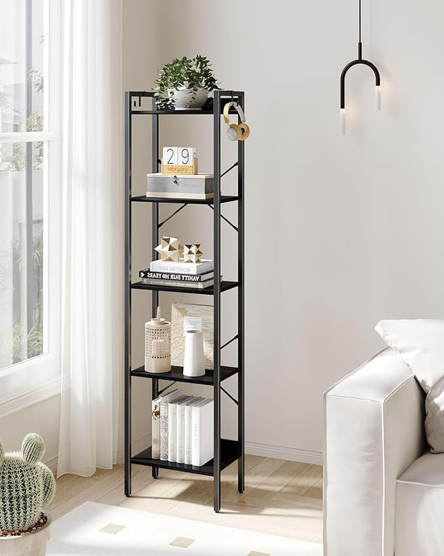 Bookshelf, Book Shelf, Industrial Bookcase with 2 Hooks, Coner Shelf Storage Organizer for Home Office, Living Room, Bedroom, Kitchen, 5-Tier Black BC10504B - LeafyLoom