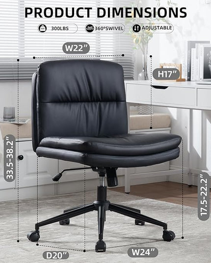Armless Office Chair with Wheels Wide Desk Chair Leather Mid Back Accent Chair Padded Swivel Vanity Chair for Girl Women Computer Task Chair for Home Office (Leather, Black) - LeafyLoom