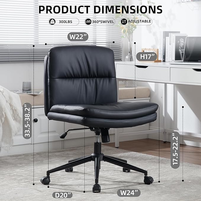 Armless Office Chair with Wheels Wide Desk Chair Leather Mid Back Accent Chair Padded Swivel Vanity Chair for Girl Women Computer Task Chair for Home Office (Leather, Black) - LeafyLoom