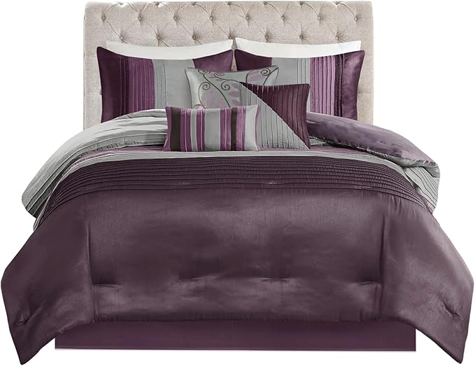 Madison Park Amherst Faux Silk Comforter Set-Casual Contemporary Design All Season Down Alternative Bedding, Matching Shams, Bedskirt, Decorative Pillows, King(104"x92"), Purple, 7 Piece (MP10-127) - LeafyLoom