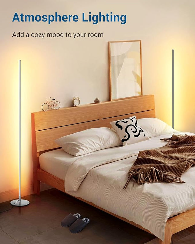 DEWENWILS Minimalist LED Corner Floor Lamp, Set of 2 Slim Dimmable Mood Light, 57.5" Standing Tall Lamp for Living Room, Bedroom, Office, 3000K Warm White Light (Silver) - LeafyLoom