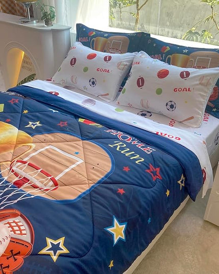 Sports Comforter Set Twin Size for Boys Kids Teens 7 Piece Basketball Baseball Bed in A Bag Soccer Football Trophies Bedding Set All Season Lightweight - LeafyLoom