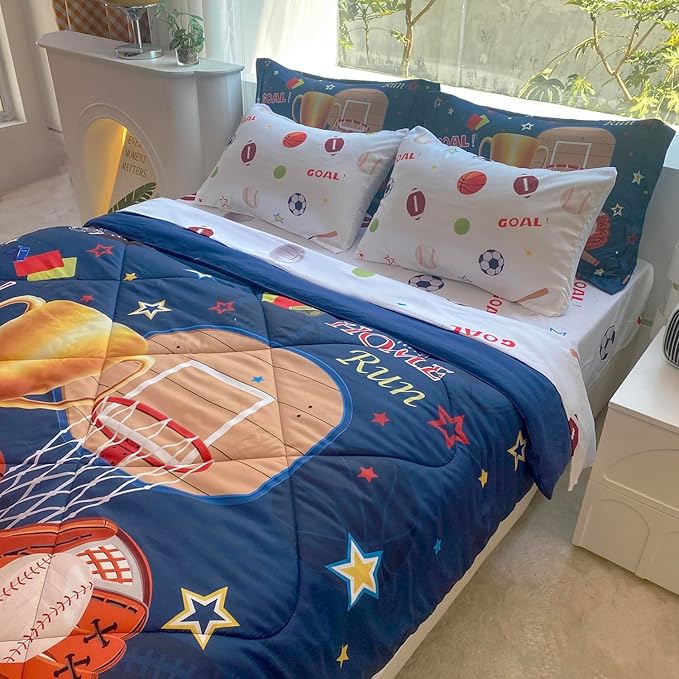 Sports Comforter Set Twin Size for Boys Kids Teens 7 Piece Basketball Baseball Bed in A Bag Soccer Football Trophies Bedding Set All Season Lightweight - LeafyLoom