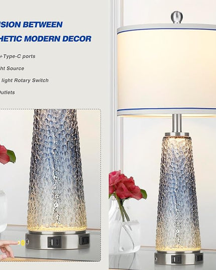 Glass Table Lamps for Living Room, 26" Modern Table Lamps with USB A+C Ports & AC Outlet, Touch Control Bedside Nightstand Lamp with Crystal Night Light for End Table Office Desk Blue(Bulbs Included) - LeafyLoom