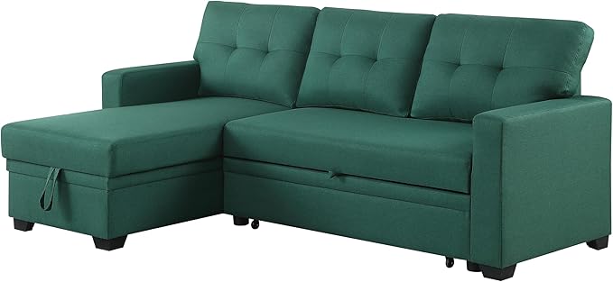 Sectional Sofa with Tufted Seat & Back Cushion,Solid Wood Frame Dsign, Linen Reversible w/Storage Chaise and Pull-Out Sleeper for Home, Small Space Apartment, 82 Inch, Green - LeafyLoom