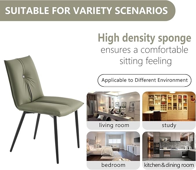 YOUTASTE Dining Chairs Set of 2 Mid Century Modern Upholstered Leather Kitchen Chairs Soft Padded Side Chairs Dinner Chairs with Metal Legs for Living Room Bedroom, Olive Green - LeafyLoom