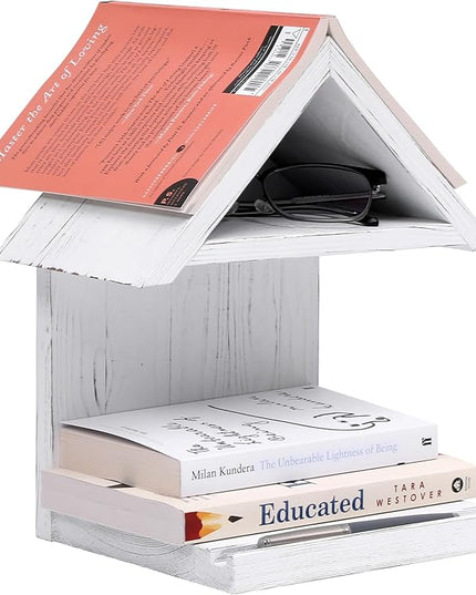 Wooden Floating Bedside Bookshel,Desktop Wooden Book Stand, Mini Library Shelf for glasses, Side Table Book Lover Organization Book for Book Lover (White) - LeafyLoom