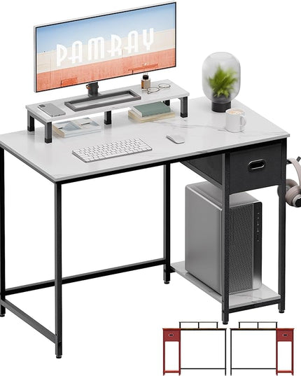 Pamray 39 Inch Computer Desk with Monitor Stand Small Home Office Desks with Non-woven Storage Drawer for Bedroom Study Table Writing and Work Desk White Marble - LeafyLoom