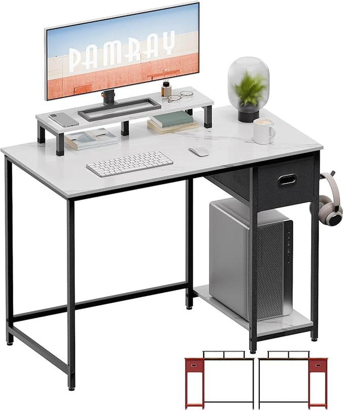 Pamray 39 Inch Computer Desk with Monitor Stand Small Home Office Desks with Non-woven Storage Drawer for Bedroom Study Table Writing and Work Desk White Marble - LeafyLoom