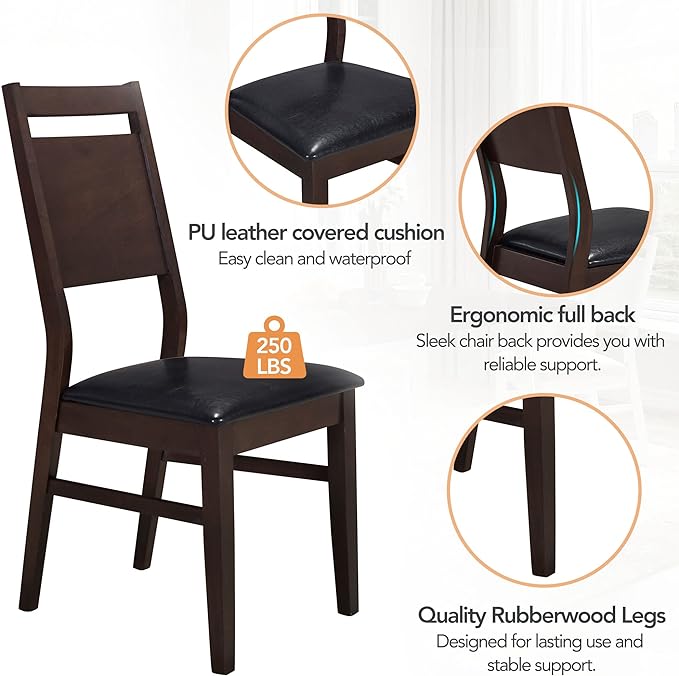 Farmhouse Style 4 Upholstered Chairs and Bench, Sturdy Wood, Easy Assembly & Clean, Room, Kitchen, Dark Brown, 6 Piece Dining Table Set - LeafyLoom