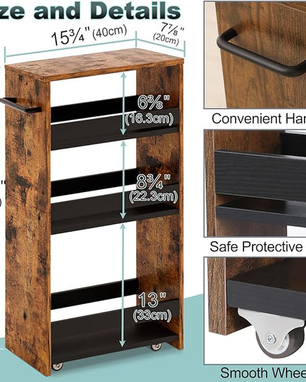 MARTY Rolling Cart 7.9" Width, 4-Tier Utility Carts with Wheels Handle, Slim Kitchen Storage Cart for Bathroom Laundry Room Organization Narrow Places (Rustic Brown) - LeafyLoom