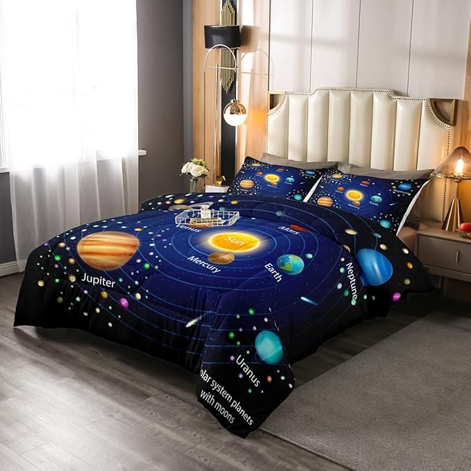 Erosebridal Kids Outer Space Comforter Set, Boys Starry Sky Galaxy Duvet Sets Full Size Planet Space Down Comforter for Girls Teens Adult Bedroom Decor, Solar System Cosmos Bedding Set, Blue Purple - LeafyLoom