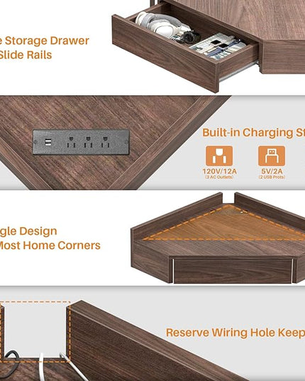 armocity Floating Corner Desk with Outlets & USB Ports, Wall-Mounted Corner Table for Small Space, Triangle Computer Desk with Drawer for Home Office, Vanity Desk, Corner Space, Bedroom, Espresso - LeafyLoom