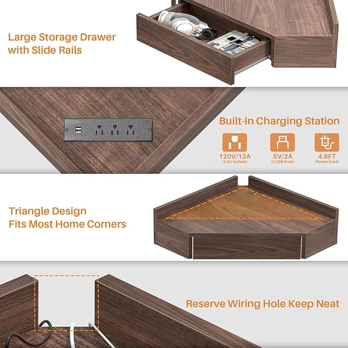 armocity Floating Corner Desk with Outlets & USB Ports, Wall-Mounted Corner Table for Small Space, Triangle Computer Desk with Drawer for Home Office, Vanity Desk, Corner Space, Bedroom, Espresso - LeafyLoom