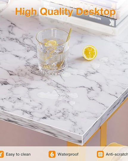 ODK Laptop Desk Study Desk, 32 Inch Small Desk, Writing Desk with Storage, Work Table with Headphone Hook for Small Space Home Office, White Marble + Gold Leg - LeafyLoom