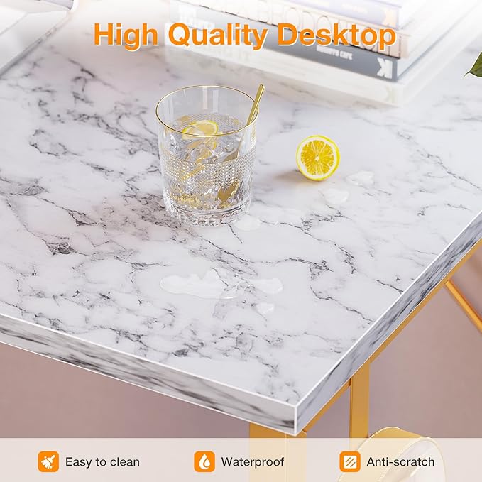 ODK Laptop Desk Study Desk, 32 Inch Small Desk, Writing Desk with Storage, Work Table with Headphone Hook for Small Space Home Office, White Marble + Gold Leg - LeafyLoom