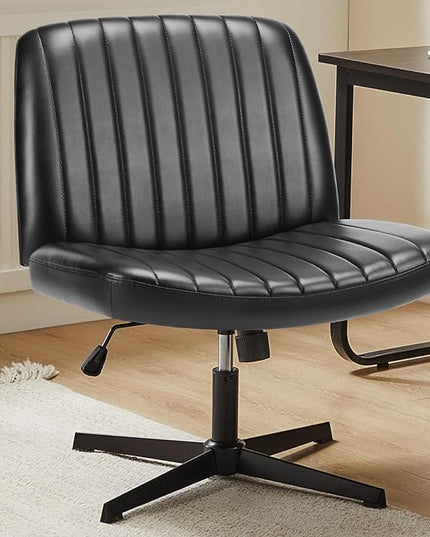 Sweetcrispy Criss Cross Chair Legged, Armless Office Desk Chair No Wheels, Swivel Vanity Chair, Height Adjustable Wide Seat Computer Task Chair, PU Leather Vanity Modern Home Chair Black - LeafyLoom