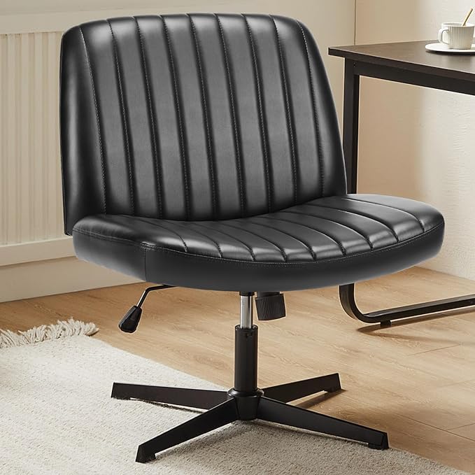 Sweetcrispy Criss Cross Chair Legged, Armless Office Desk Chair No Wheels, Swivel Vanity Chair, Height Adjustable Wide Seat Computer Task Chair, PU Leather Vanity Modern Home Chair Black - LeafyLoom