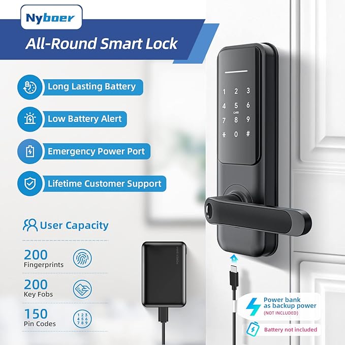 Keyless Fingerprint Smart Door Lock and Handle - Keypad Entry, Electronic Passcode for Front Door Nyboer