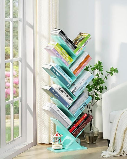 10 Tier Tree Book Shelf, Floor Standing Wood Bookshelf for Narrow Space, Storage Organizer Bookshelves for Books/CDs/Magazine, Bookcase with Shelves for Home Office, Living Room - Green - LeafyLoom