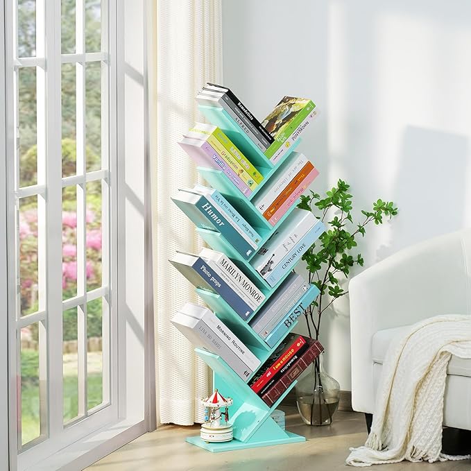10 Tier Tree Book Shelf, Floor Standing Wood Bookshelf for Narrow Space, Storage Organizer Bookshelves for Books/CDs/Magazine, Bookcase with Shelves for Home Office, Living Room - Green - LeafyLoom