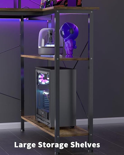 L Shaped Gaming Desk with Power Outlets, 47 Inch Computer Desk with LED Lights and Reversible Shelves, Corner Desk Work Desk for Home Office Bedroom, Rustic Brown - LeafyLoom