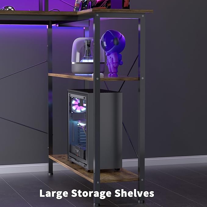 L Shaped Gaming Desk with Power Outlets, 47 Inch Computer Desk with LED Lights and Reversible Shelves, Corner Desk Work Desk for Home Office Bedroom, Rustic Brown - LeafyLoom