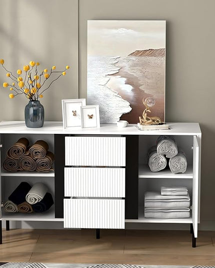Wide Sideboard Buffet Cabinet Wood Farmhouse Storage Credenza, Coffee Bar Console Table for Kitchen, Dining, Living Room, Hallway, 55.1 x 15.6 x 31.5 in, White - LeafyLoom