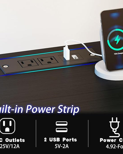 Gaming Desk with Led Light & Power Outlets, 48" Computer Desk with Wooden Drawers and Monitor Stand, Office Desk with Shelves and 2 Headphone Hooks, Work Desk for Home Office,Black - LeafyLoom