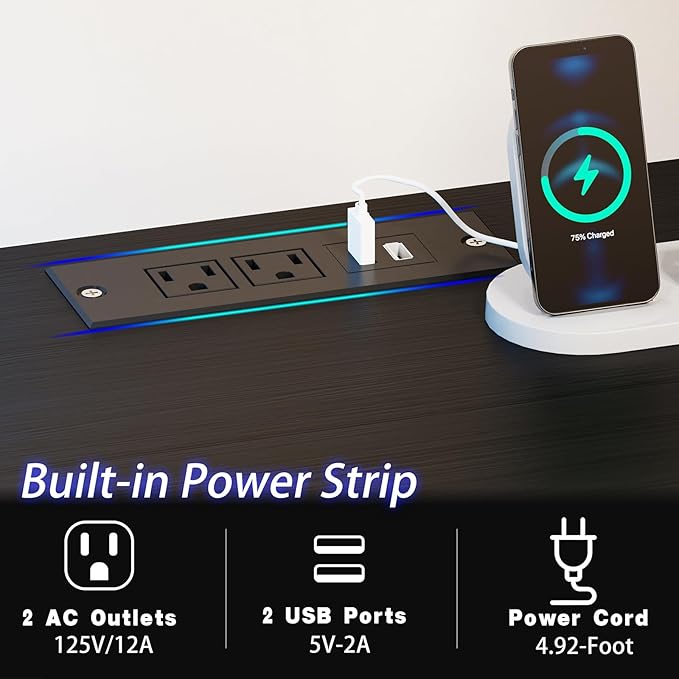 Gaming Desk with Led Light & Power Outlets, 48" Computer Desk with Wooden Drawers and Monitor Stand, Office Desk with Shelves and 2 Headphone Hooks, Work Desk for Home Office,Black - LeafyLoom