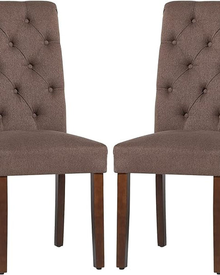 COLAMY Button Tufted Dining Chairs Set of 2, Parsons Upholstered Fabric Dining Room Chairs Kitchen Chairs with Wood Legs and Padded Seat, Brown - LeafyLoom