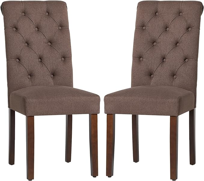 COLAMY Button Tufted Dining Chairs Set of 2, Parsons Upholstered Fabric Dining Room Chairs Kitchen Chairs with Wood Legs and Padded Seat, Brown - LeafyLoom
