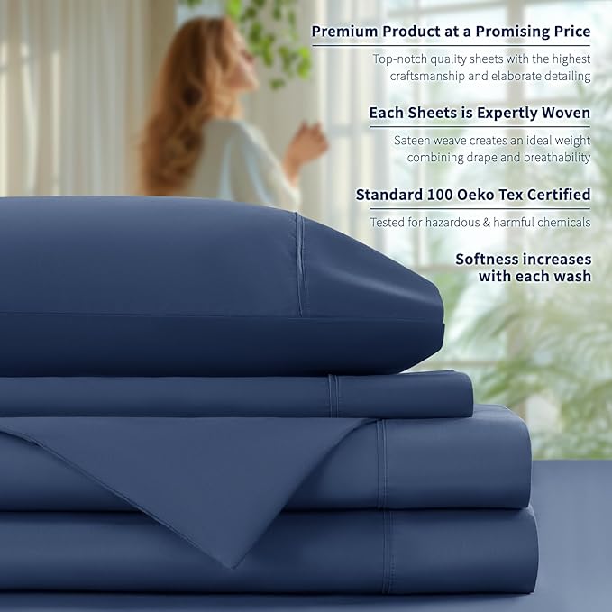 Shilucheng 100% Cotton Queen Size Sheets Set - 600 Thread Count，Luxury Egyptian Cotton Bed Sheets，5-Star Hotel Quality Sheets, Breathable & Cooling, 16 Inch Deep Pocket - 4 Piece (Navy Blue, Queen) - LeafyLoom