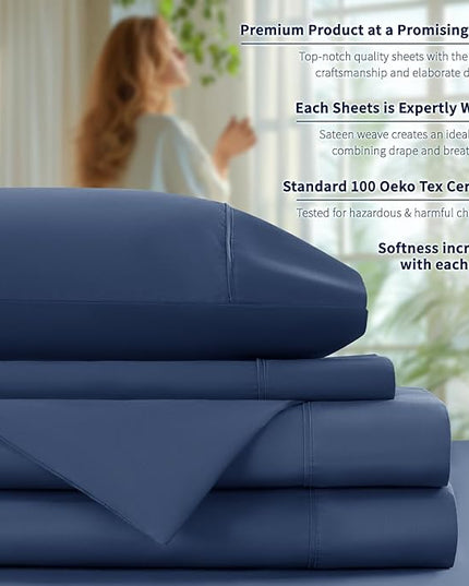 Shilucheng 100% Cotton Sheets Set - 600 Thread Count，Luxury Egyptian Cotton Bed Sheets，5-Star Hotel Quality Sheets, Breathable & Cooling, 16 Inch Deep Pocket - 4 Piece (Navy Blue, Full) - LeafyLoom
