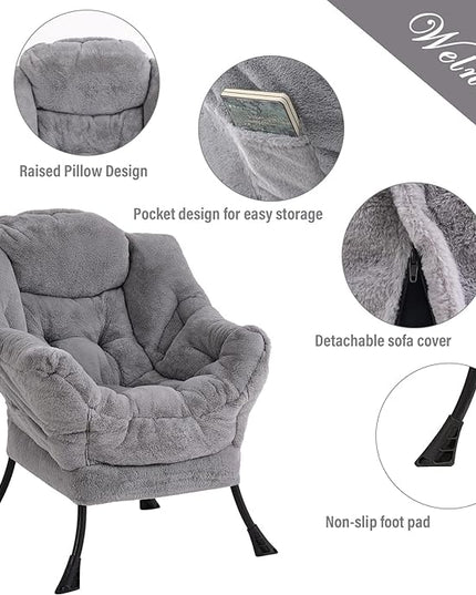 Welnow Lazy Chair with Ottoman, Modern Lounge Accent Chair with Armrests and a Side Pocket, Leisure Sofa Chair Set, Reading Chair with Footrest for Small Space, Corner Chair, Plush Grey - LeafyLoom