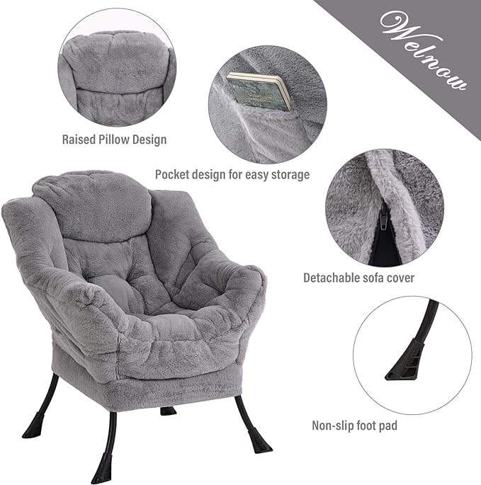 Welnow Lazy Chair with Ottoman, Modern Lounge Accent Chair with Armrests and a Side Pocket, Leisure Sofa Chair Set, Reading Chair with Footrest for Small Space, Corner Chair, Plush Grey - LeafyLoom