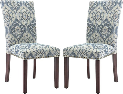 COLAMY Upholstered Parsons Dining Chairs Set of 2, Fabric Dining Room Kitchen Side Chair with Nailhead Trim and Wood Legs - Blue/White Flower - LeafyLoom